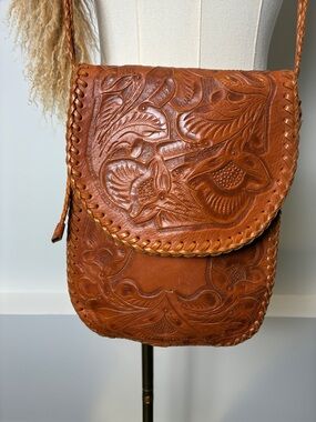 Vintage Hand-Tooled Tan Leather Crossbody Bag